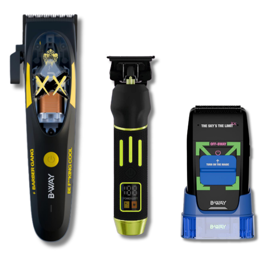 B-WAY Professional Barber Kit – Cordless Hair Clipper, Trimmer & Foil Shaver Set – B10K 10,000 RPM Clipper, Golden Gate Detail Trimmer & OFF Black Shaver for Fades, Haircuts & Finishing RT-Way USA