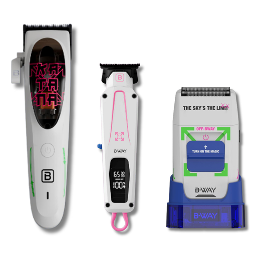 B-WAY Professional Barber Kit – Cordless Hair Clipper, Trimmer & Foil Shaver Set – Katana Clipper, CUTZ White Detail Trimmer & OFF Foil Shaver for Fades, Haircuts & Finishing RT-Way USA