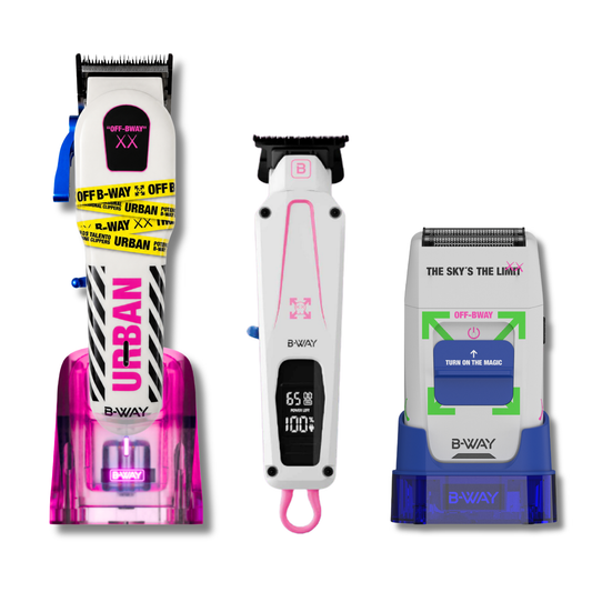B-WAY Professional Barber Kit – Cordless Hair Clipper, Trimmer & Foil Shaver Set – Urban New Clipper, CUTZ White Detail Trimmer & OFF White Shaver for Fades, Haircuts & Finishing RT-Way USA