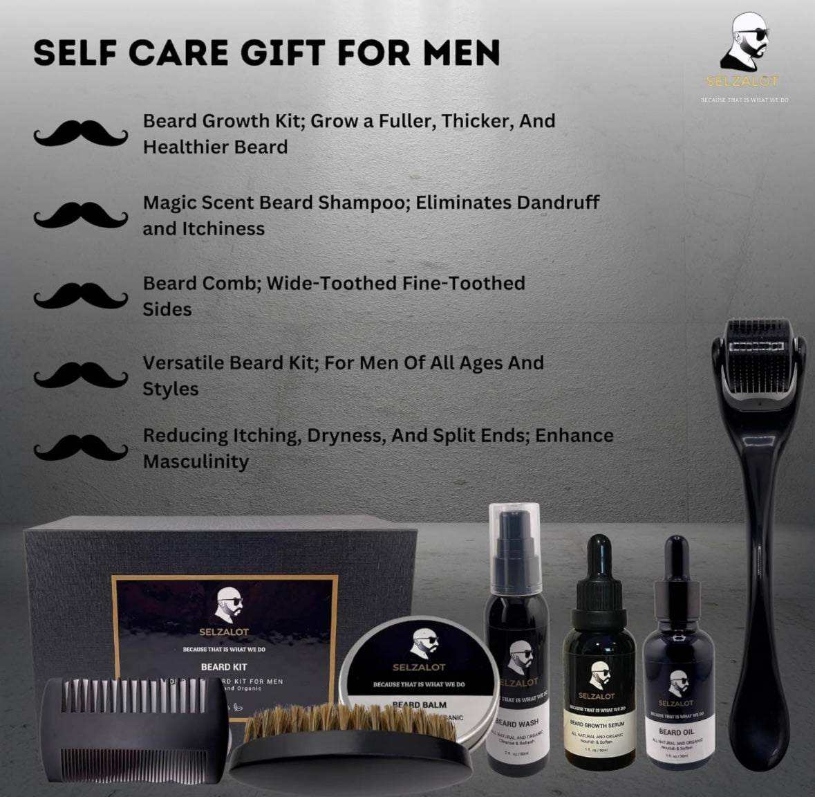 SELZALOT Beard Growth Kit Facial Hairs Men's Grooming Set 7 Pieces Beard Products with Oil, Serum, Balm, Shampoo, Comb, Brush and Hand Beard Care Kit for Men Men Self Care Selzalot