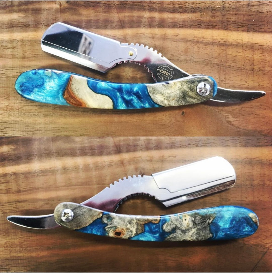 Buckeye burl resin hybrid shavette with heavy weight blade. CreationsByWill