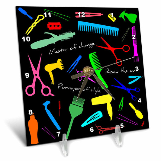 3dRose Alexis Design - Crafts - Barber, Master of Change. Colorful Stylist appliances, Text, on Black - Desk Clocks 3dRose