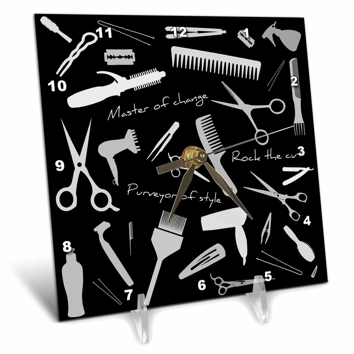 3dRose Alexis Design - Crafts - Barber, Master of Change. Grey Stylist appliances, Text, on Black - Desk Clocks 3dRose