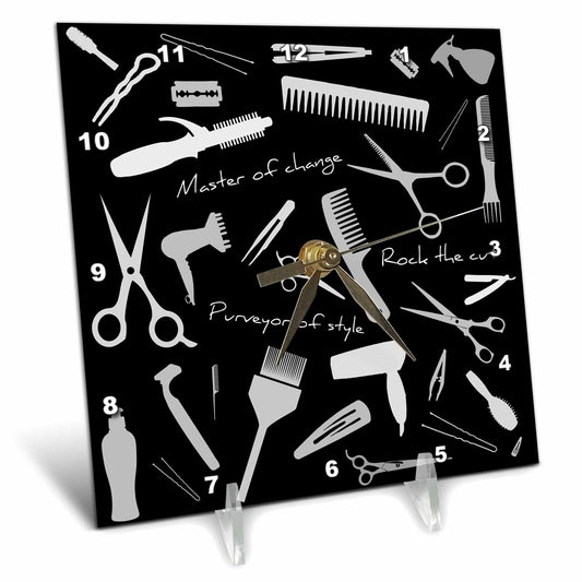 3dRose Alexis Design - Crafts - Barber, Master of Change. Grey Stylist appliances, Text, on Black - Desk Clocks 3dRose