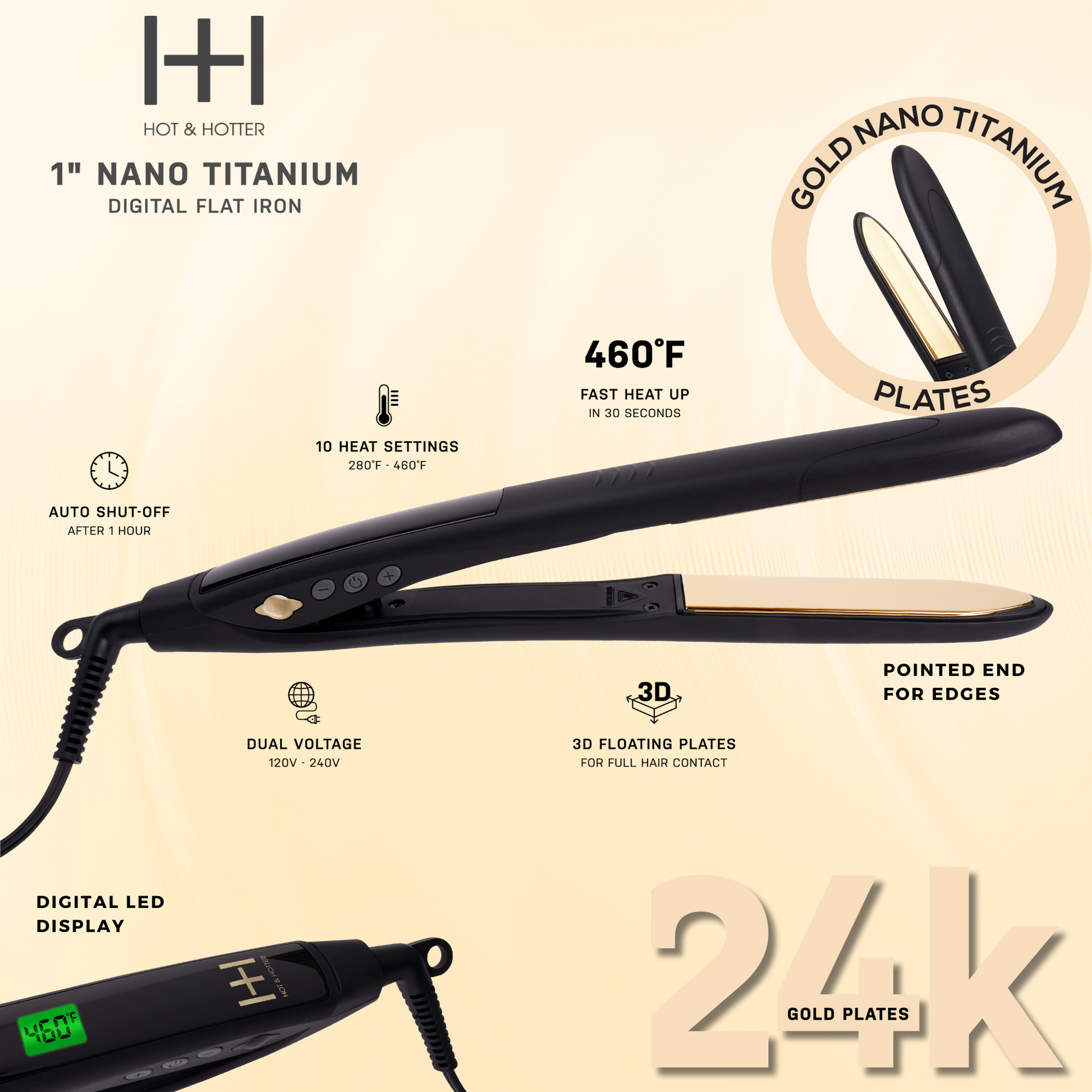 Hot & Hotter Digital Nano Titanium Flat Iron with Gold Plates 1 Inch, 1 Count, Black Annie International, Inc.