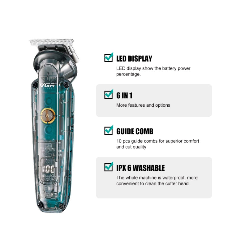 VGR V-102 6 in 1 USB Transparent Digital Display Professional Hair Clipper Set Salrog (Powered by Solnuance)