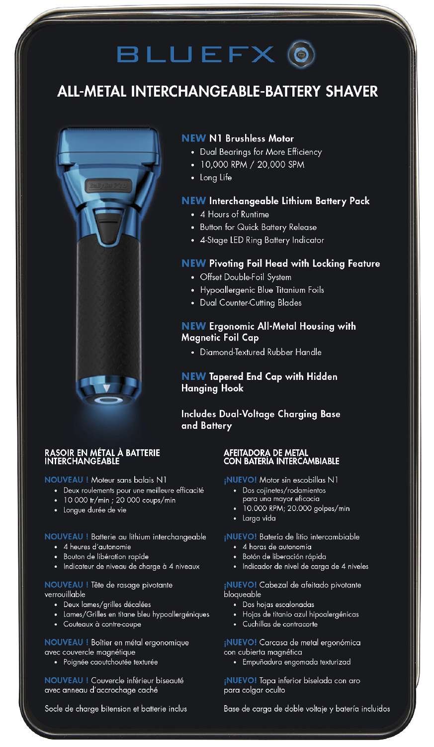 BABYLISSPRO BLUEFX ONE ALL METAL INTERCHANGEABLE BATTERY DOUBLE FOIL SHAVER My Beauty Site Pro