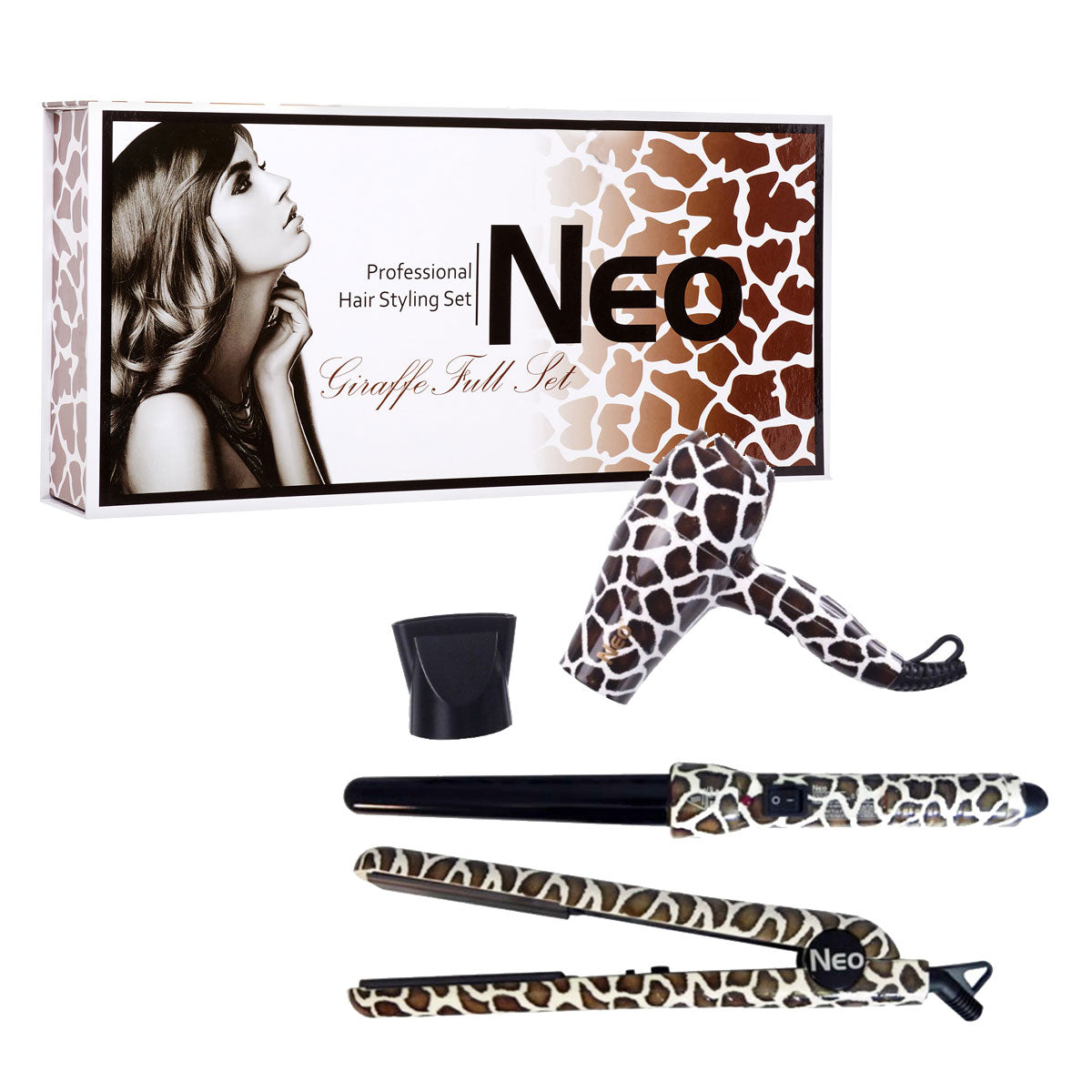 The Full Set - 1.25" Ceramic Flat Iron w/ 25-18mm Curling Wand & Mini Travel Hair Dryer - Giraffe VYSN