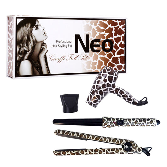 The Full Set - 1.25" Ceramic Flat Iron w/ 25-18mm Curling Wand & Mini Travel Hair Dryer - Giraffe VYSN