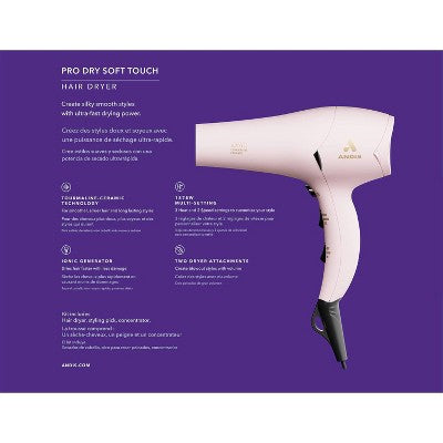 Andis Soft Touch Pro Dry Tourmaline Ionic Dryer Pink 1875 Watts - Imperfect Box This is Beauty US
