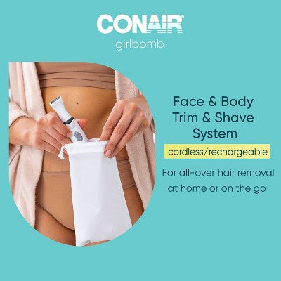 Conair Girlbomb Wet and Dry Cordless Rechargeable Face Shaver with Nose, Ear, Eyebrow and Bikini Trimmer Attachments Set 6pc - Imperfect Box This is Beauty US