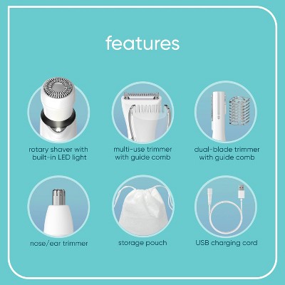 Conair Girlbomb Wet and Dry Cordless Rechargeable Face Shaver with Nose, Ear, Eyebrow and Bikini Trimmer Attachments Set 6pc - New This is Beauty US