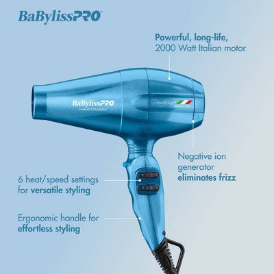 BaBylissPRO Nano Titanium Portofino Full-Size Hair Dryer Blue 2000W - Imperfect Box This is Beauty US