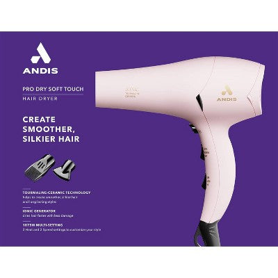 Andis Soft Touch Pro Dry Tourmaline Ionic Dryer Pink 1875 Watts - Imperfect Box This is Beauty US