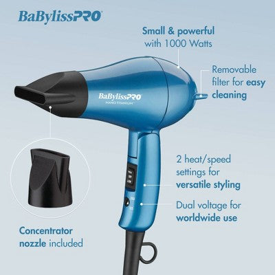 BaBylissPRO Nano Titanium Travel Hair Dryer - Blue - 1000W This is Beauty US