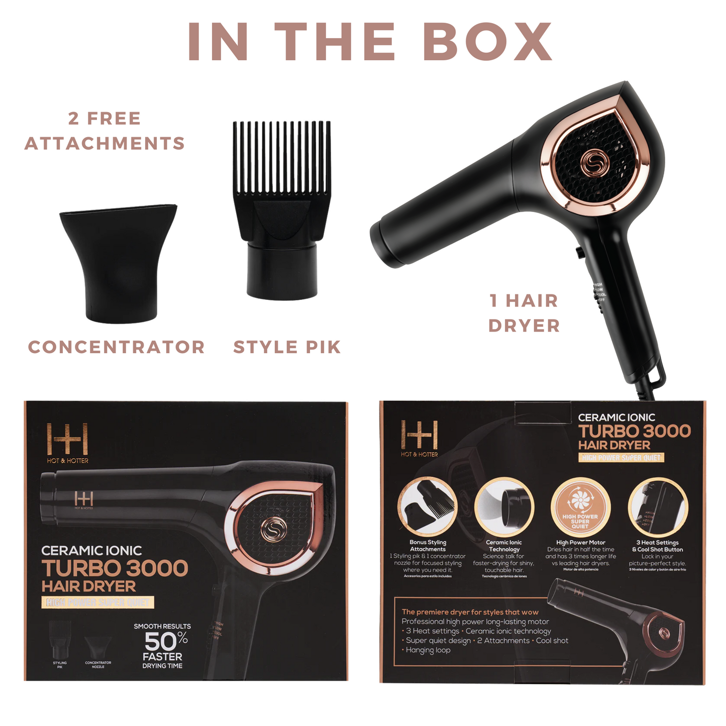 Hot & Hotter Ceramic Ionic Turbo 3000 Hair Dryer, 1 Count, Black & Rose Gold Annie International, Inc.
