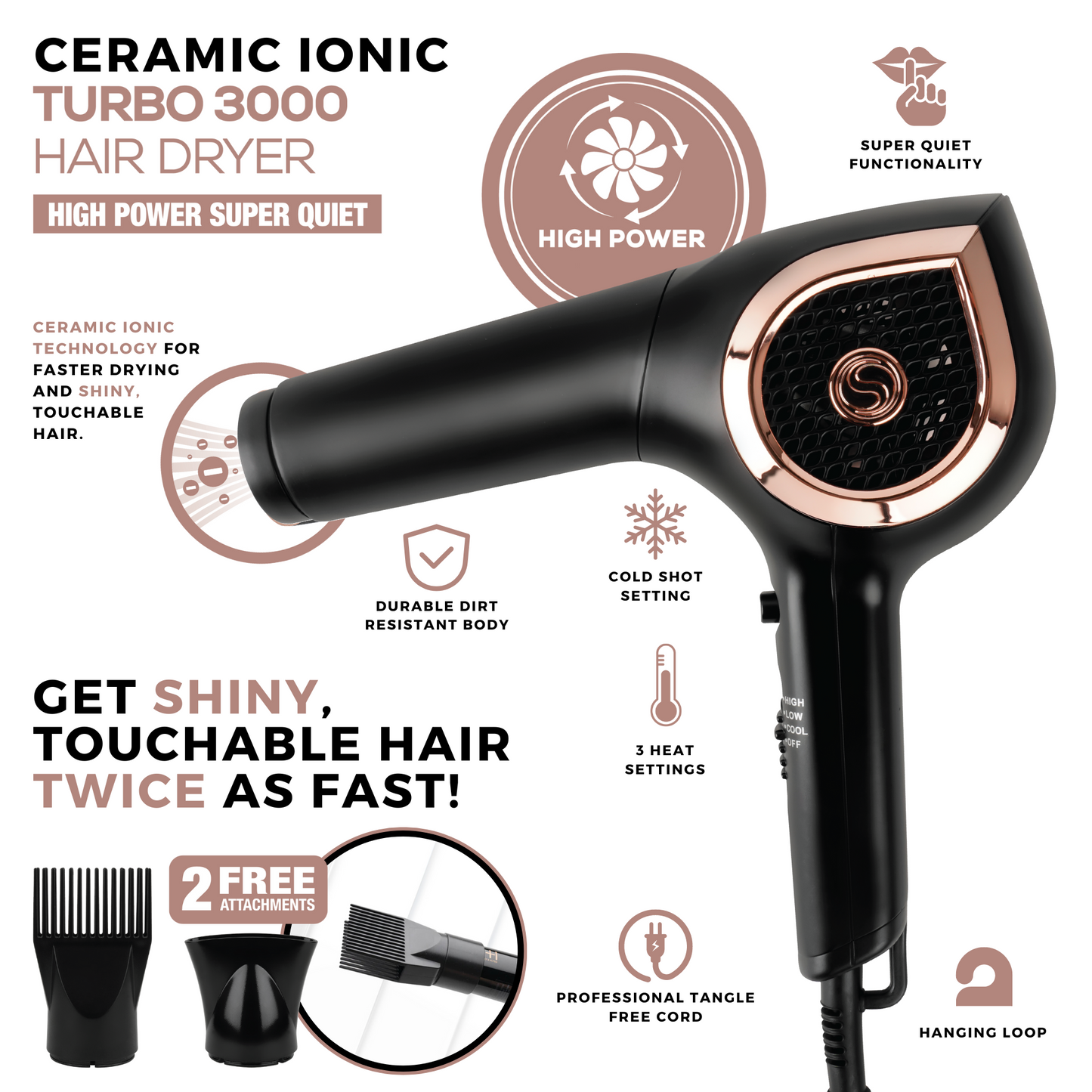 Hot & Hotter Ceramic Ionic Turbo 3000 Hair Dryer, 1 Count, Black & Rose Gold Annie International, Inc.