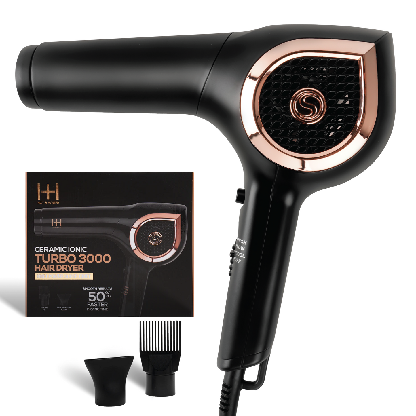 Hot & Hotter Ceramic Ionic Turbo 3000 Hair Dryer, 1 Count, Black & Rose Gold Annie International, Inc.