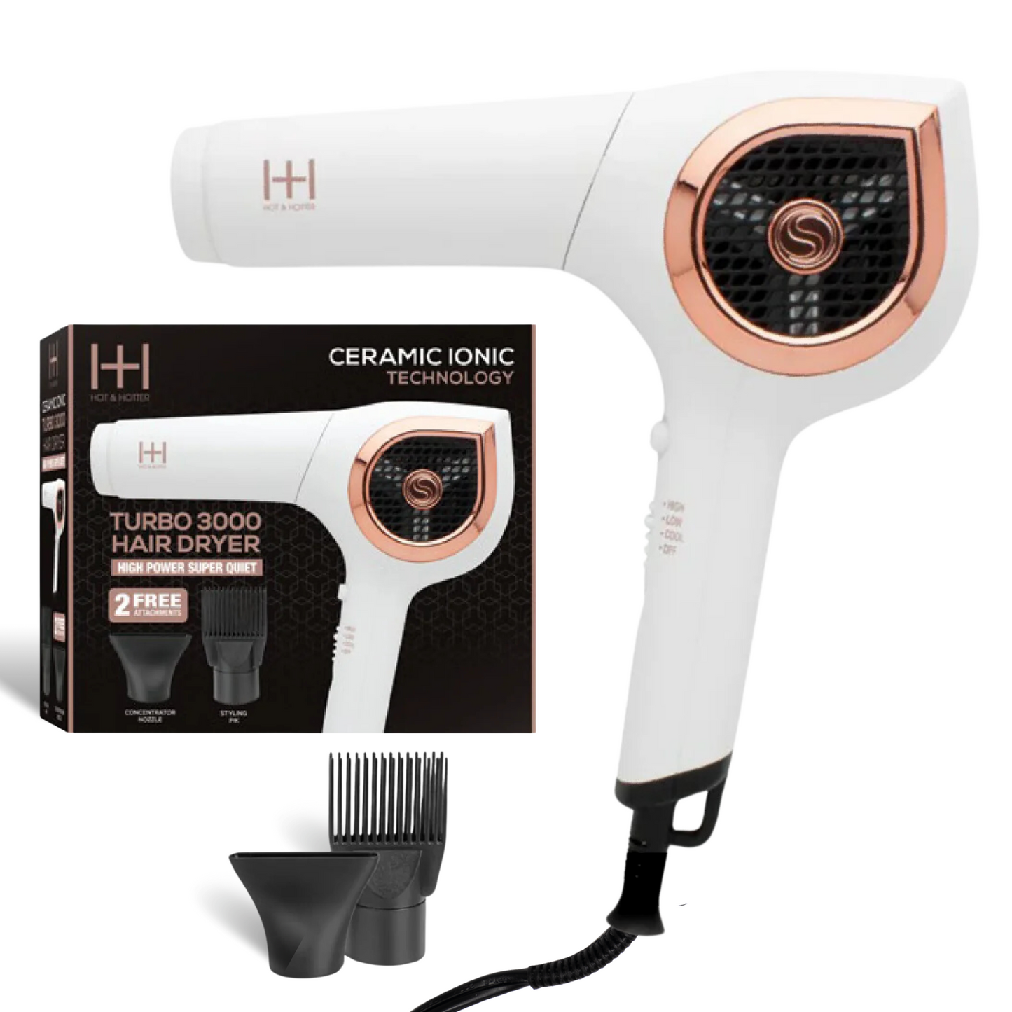 Hot & Hotter Ceramic Ionic Turbo 3000 Hair Dryer, 1 Count, White Annie International, Inc.