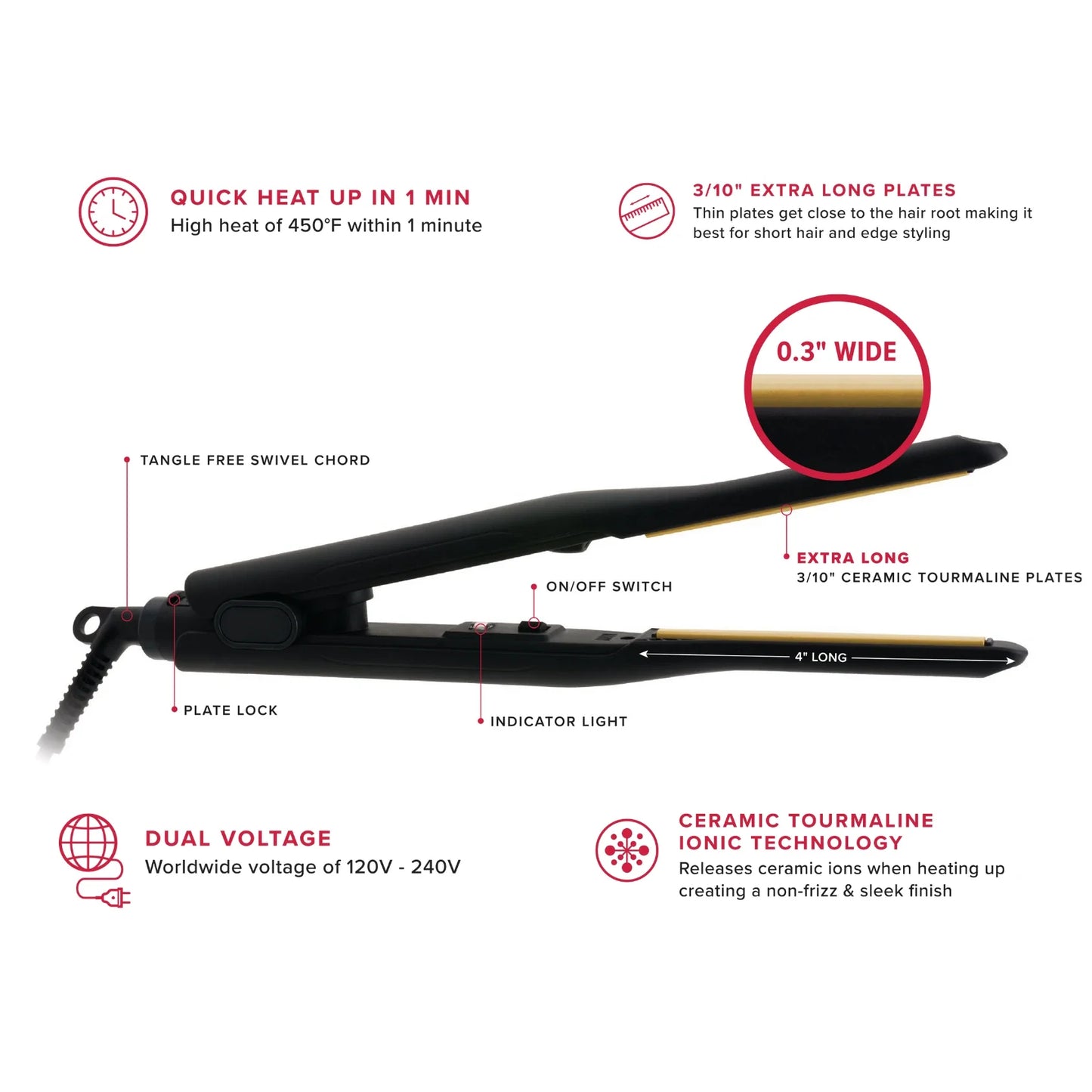 Hot & Hotter Pencil Ceramic Tourmaline Flat Iron 3/10 Inch, 1 Count Thin Hair Straightener, Black Annie International, Inc.