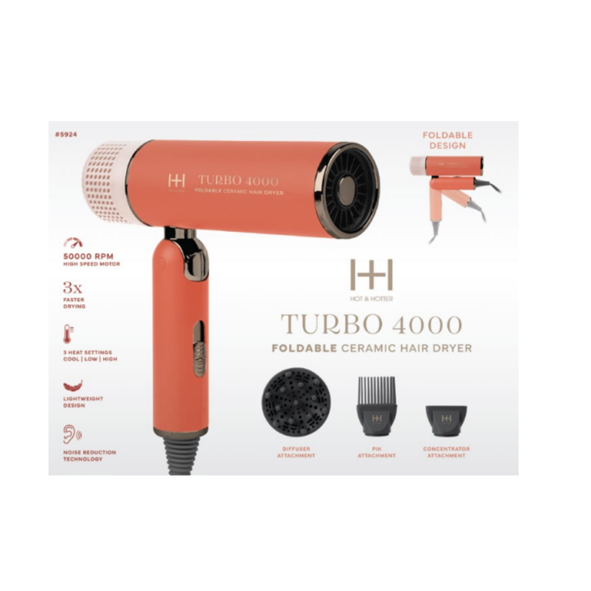 Hot & Hotter Ceramic Turbo 4000 Foldable Hair Dryer, 1 Count, Orange Annie International, Inc.