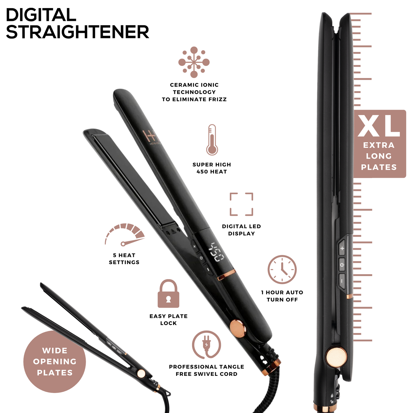 Hot & Hotter Extra Long Ceramic Digital Flat Iron 1in, Black Annie International, Inc.