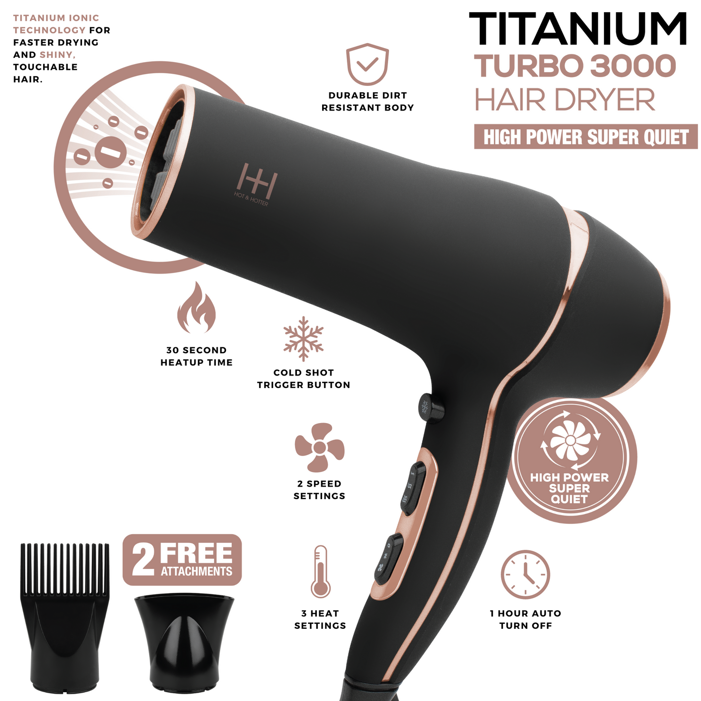 Hot & Hotter Titanium Turbo 3000 Hair Dryer, 1 Count, Black Annie International, Inc.