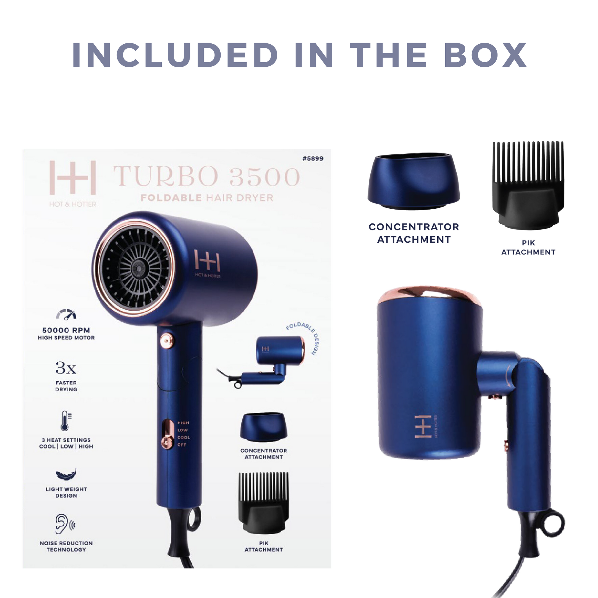 Hot & Hotter Turbo 3500 Foldable Hair Dryer, 1 Count, Blue Annie International, Inc.