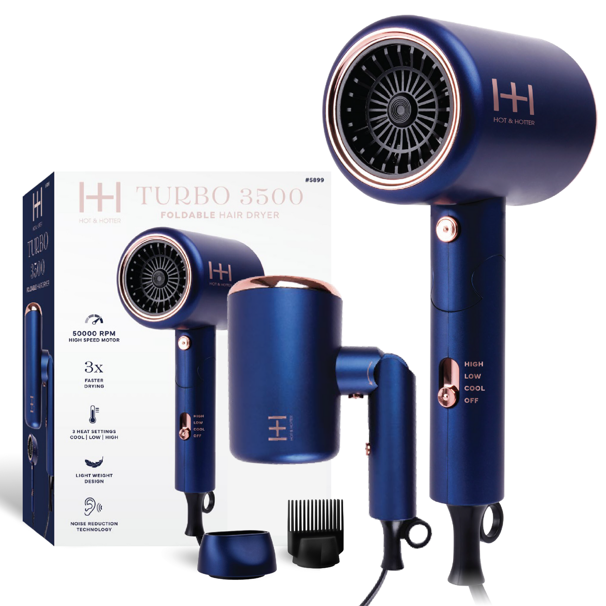 Hot & Hotter Turbo 3500 Foldable Hair Dryer, 1 Count, Blue Annie International, Inc.