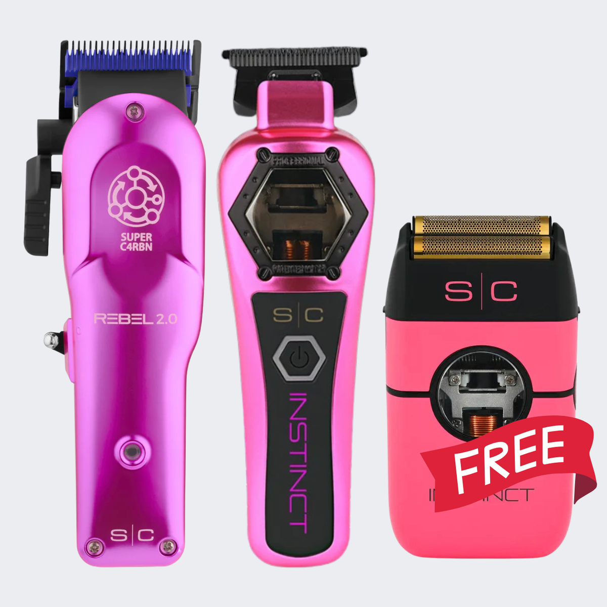 StyleCraft Rebel 2.0 Clipper, Instinct Metal Trimmer with FREE Instinct Metal Foil Shaver Pink Certified Clippers