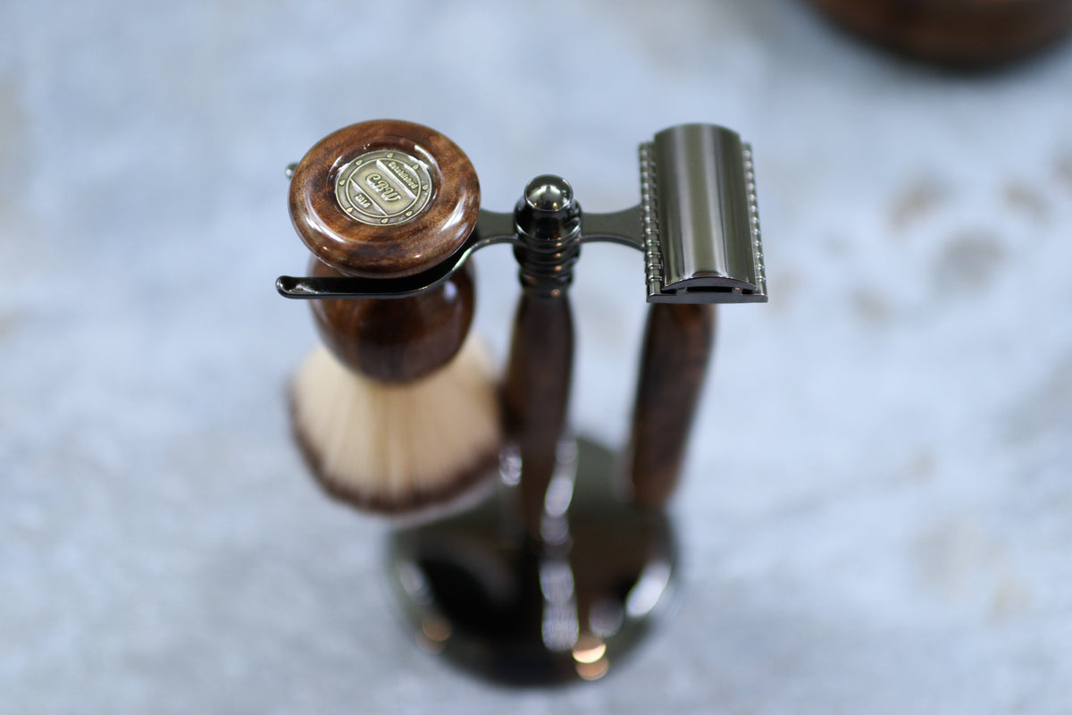 Walnut Wood Hand Crafted Shave Set with Gunmetal Safety Razor CreationsByWill