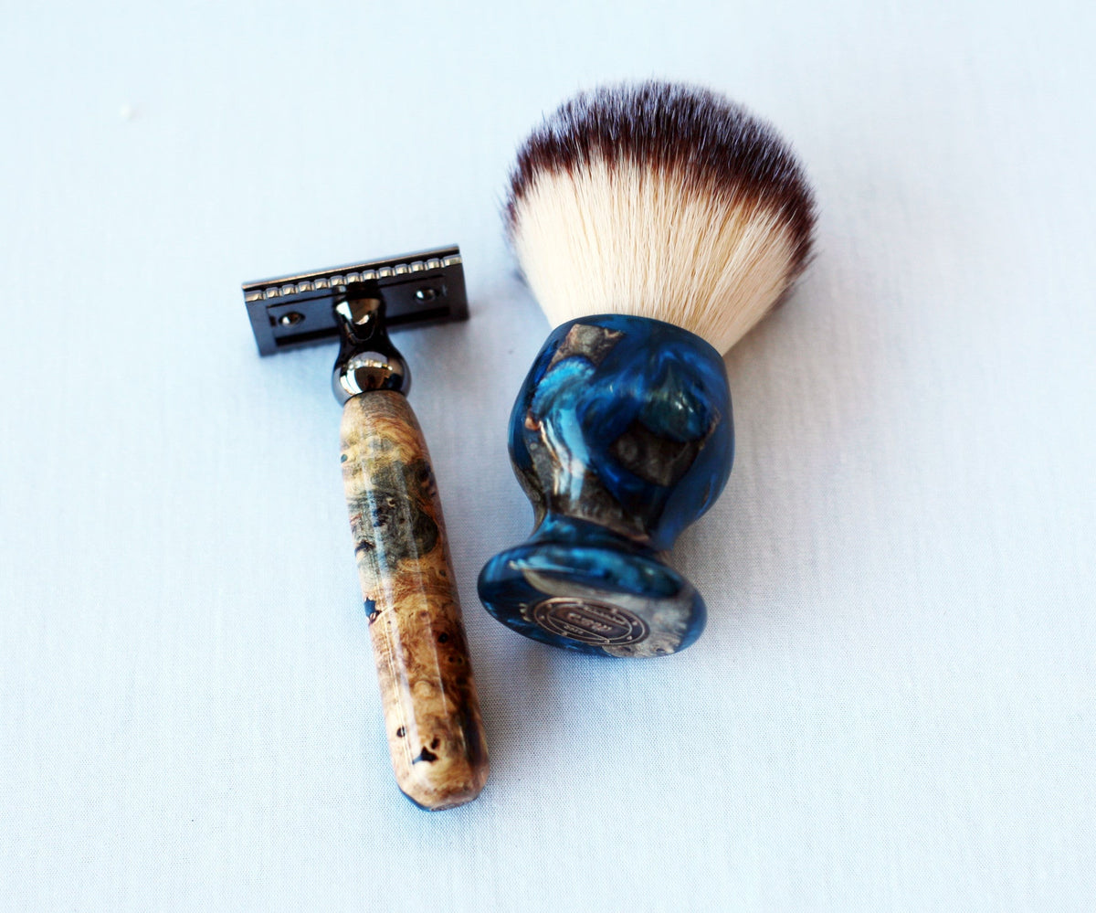 Buckeye Burl Shave Set – Handmade Safety Razor, 26mm Synthetic Shaving Brush & Stand – Blue Resin Wet Shaving Kit – Luxury Men’s Grooming Gift CreationsByWill