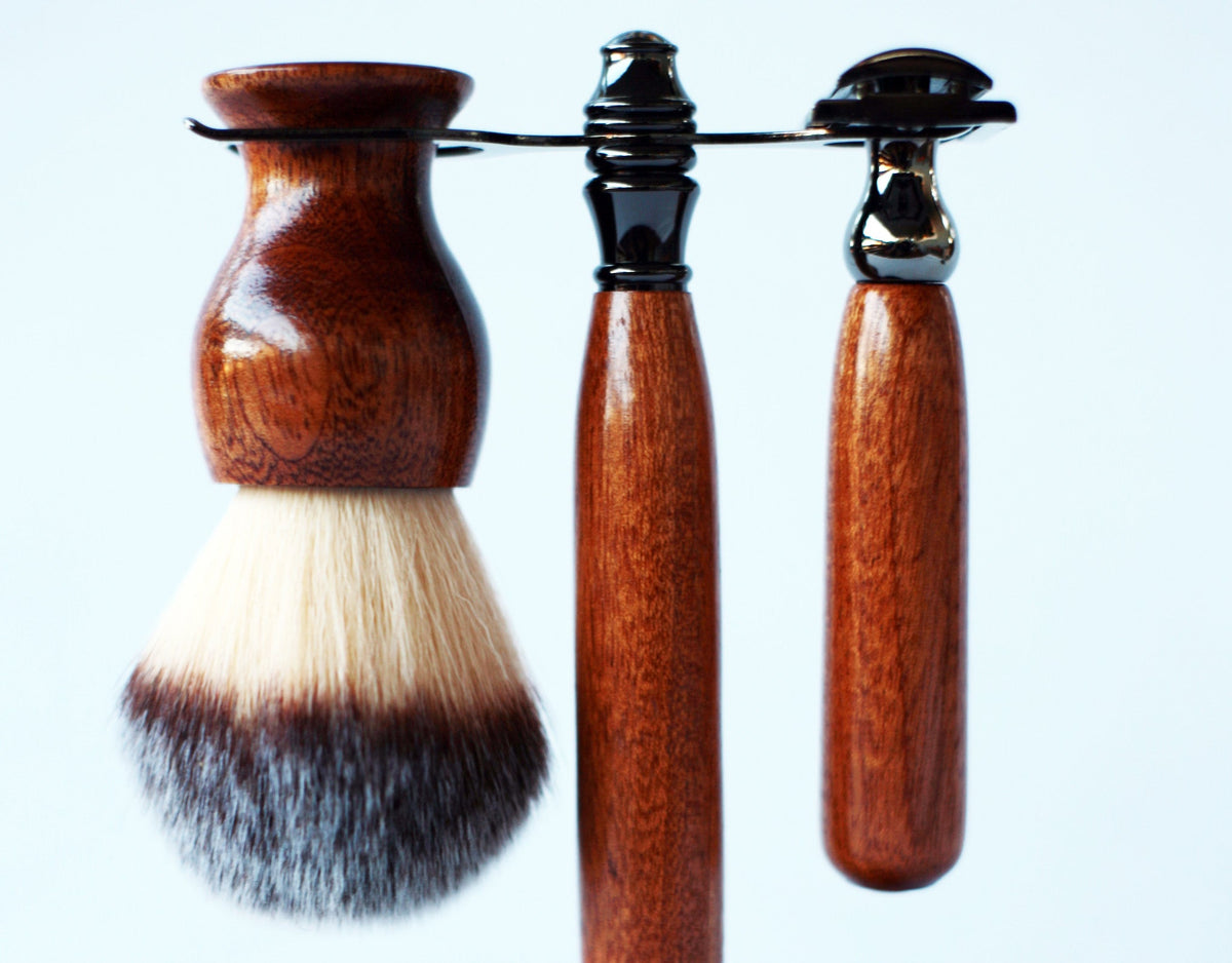 Mahogany Wood Hand Crafted Shave Set with Gunmetal Safety Razor, 26mm Lather Brush, and Matching Shave Stand CreationsByWill