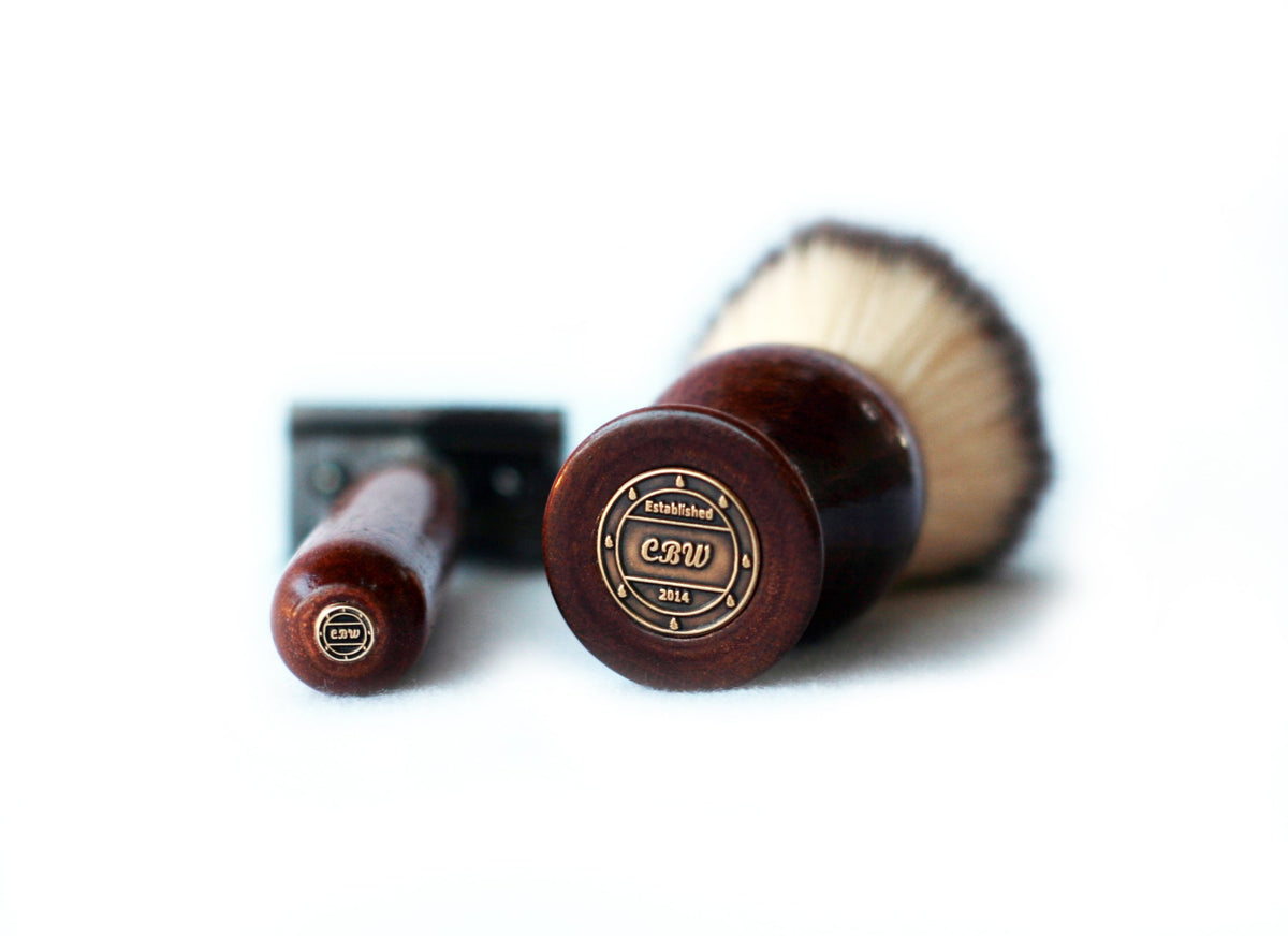 Mahogany Wood Hand Crafted Shave Set with Gunmetal Safety Razor, 26mm Lather Brush, and Matching Shave Stand CreationsByWill