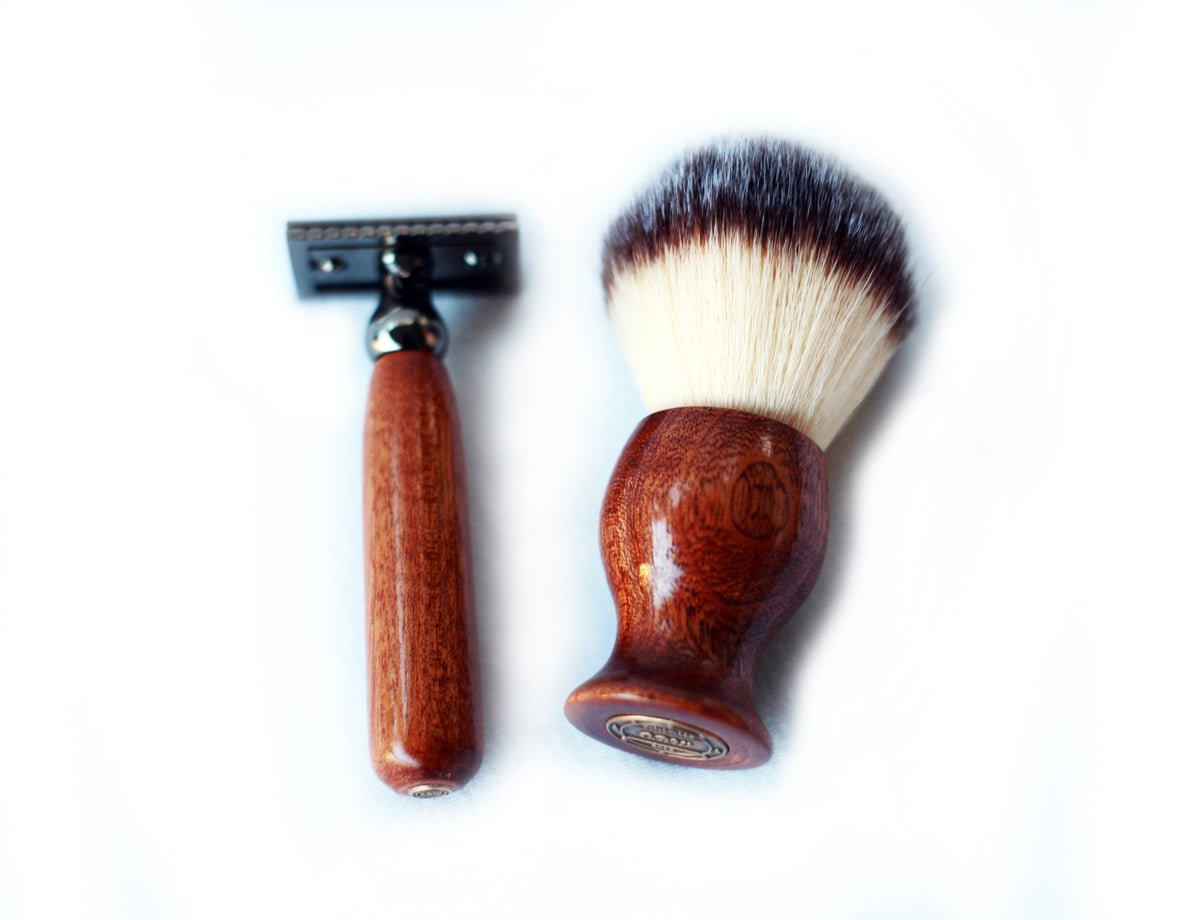 Mahogany Wood Hand Crafted Shave Set with Gunmetal Safety Razor, 26mm Lather Brush, and Matching Shave Stand CreationsByWill