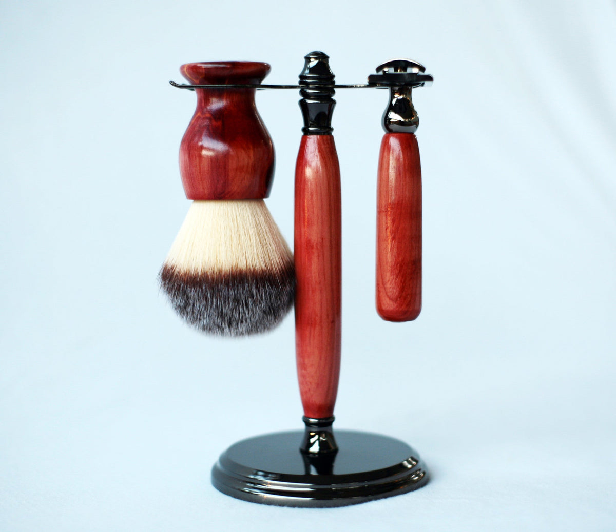 Aromatic Red Cedar Wood Hand Crafted Shave Set, safety razor, 26mm lather brush and a matching shave stand. CreationsByWill