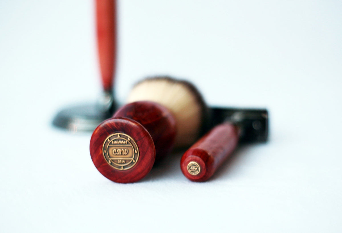 Aromatic Red Cedar Wood Hand Crafted Shave Set, safety razor, 26mm lather brush and a matching shave stand. CreationsByWill