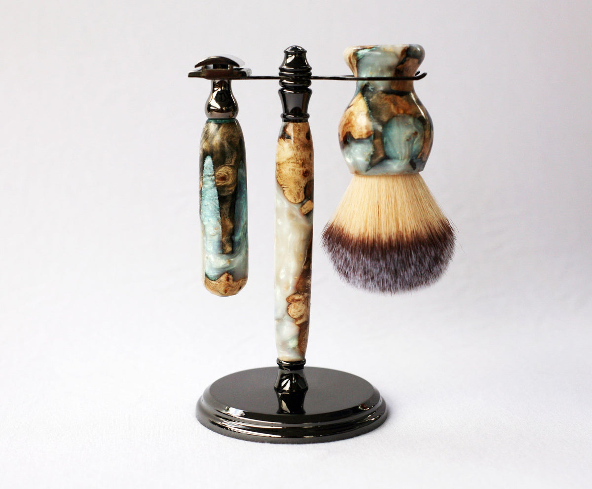Buckeye Burl Wood Hand Crafted Shave Set with 'Travel to Jupiter'( pearl)Resin safety razor, 26mm lather brush and a matching shave stand. CreationsByWill