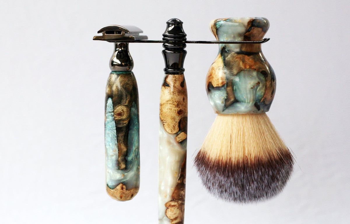 Buckeye Burl Wood Hand Crafted Shave Set with 'Travel to Jupiter'( pearl)Resin safety razor, 26mm lather brush and a matching shave stand. CreationsByWill