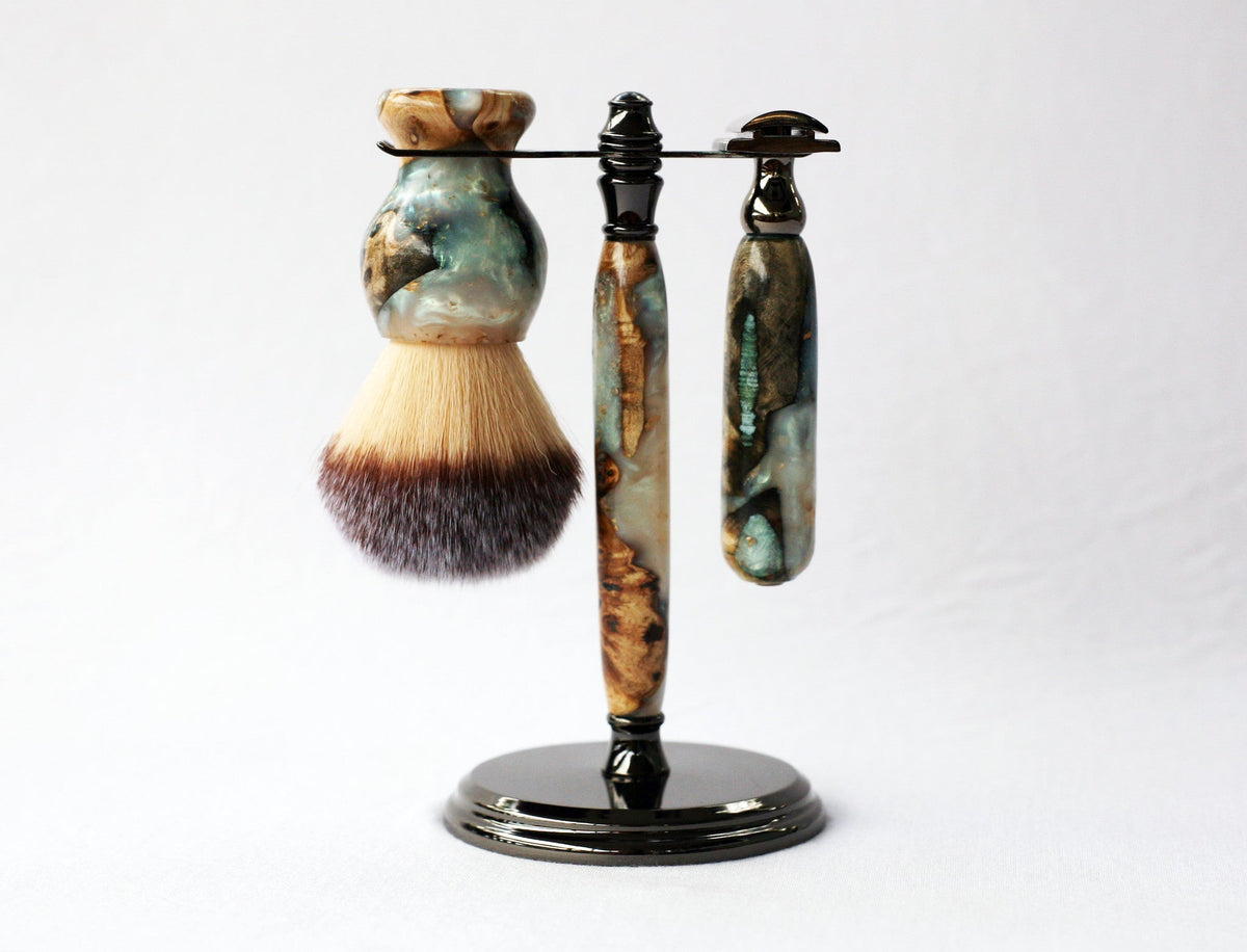 Buckeye Burl Wood Hand Crafted Shave Set with 'Travel to Jupiter'( pearl)Resin safety razor, 26mm lather brush and a matching shave stand. CreationsByWill
