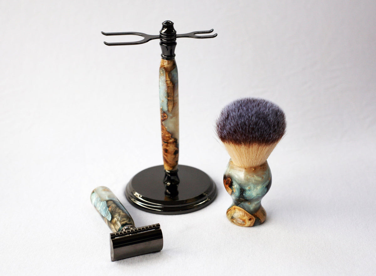 Buckeye Burl Wood Hand Crafted Shave Set with 'Travel to Jupiter'( pearl)Resin safety razor, 26mm lather brush and a matching shave stand. CreationsByWill