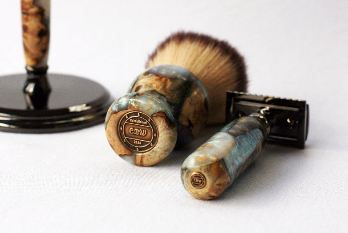Buckeye Burl Wood Hand Crafted Shave Set with 'Travel to Jupiter'( pearl)Resin safety razor, 26mm lather brush and a matching shave stand. CreationsByWill