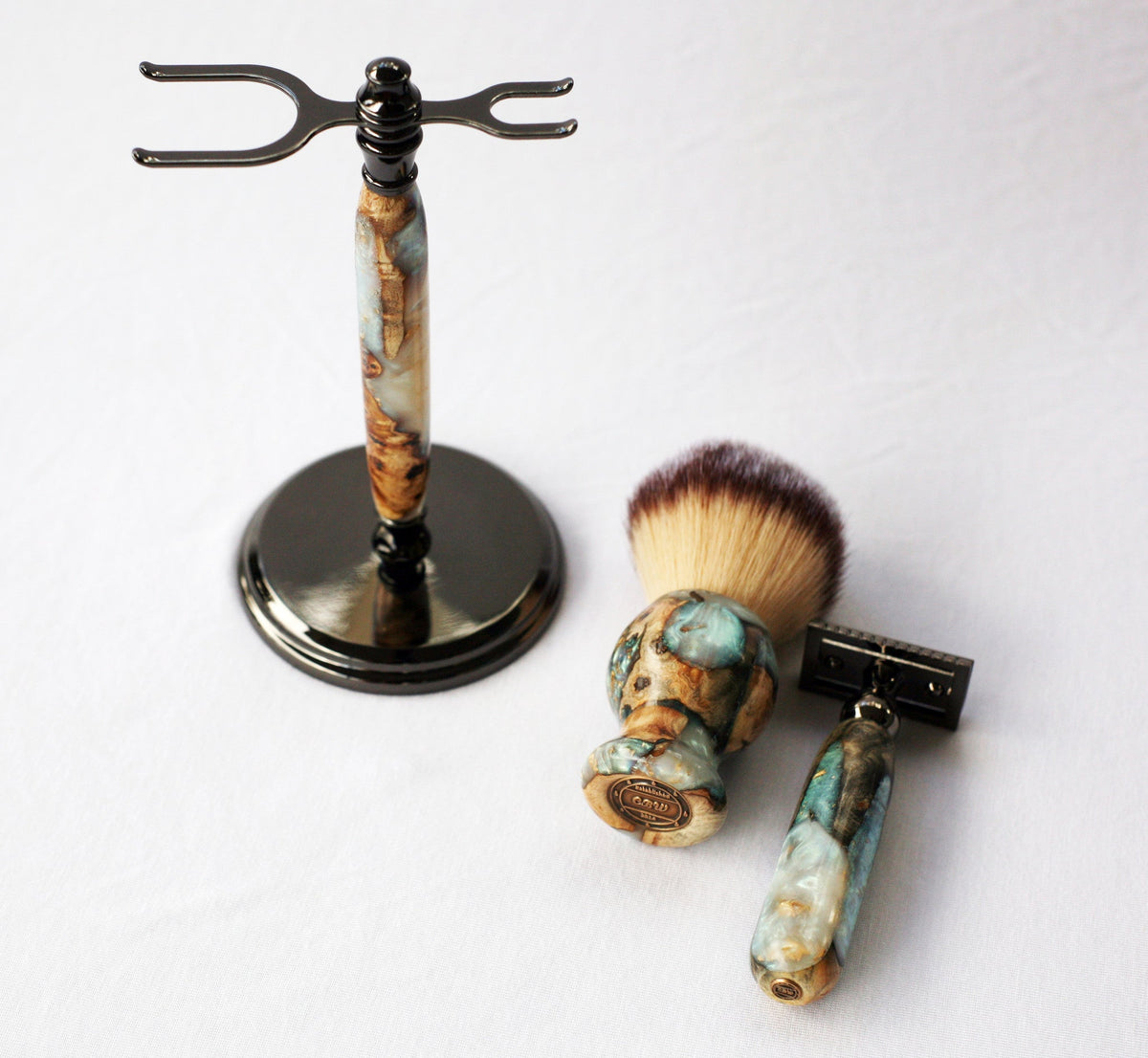 Buckeye Burl Wood Hand Crafted Shave Set with 'Travel to Jupiter'( pearl)Resin safety razor, 26mm lather brush and a matching shave stand. CreationsByWill