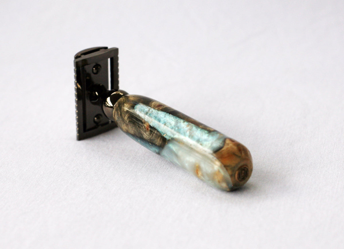 Buckeye Burl Wood Hand Crafted Shave Set with 'Travel to Jupiter'( pearl)Resin safety razor, 26mm lather brush and a matching shave stand. CreationsByWill
