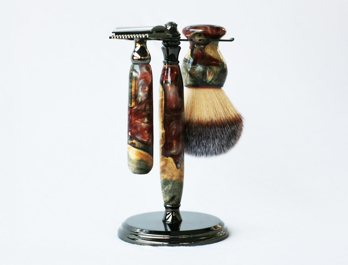 Buckeye Burl Wood Hand Crafted Shave Set with 'Chameleon' Resin safety razor, 26mm lather brush and a matching shave stand. CreationsByWill