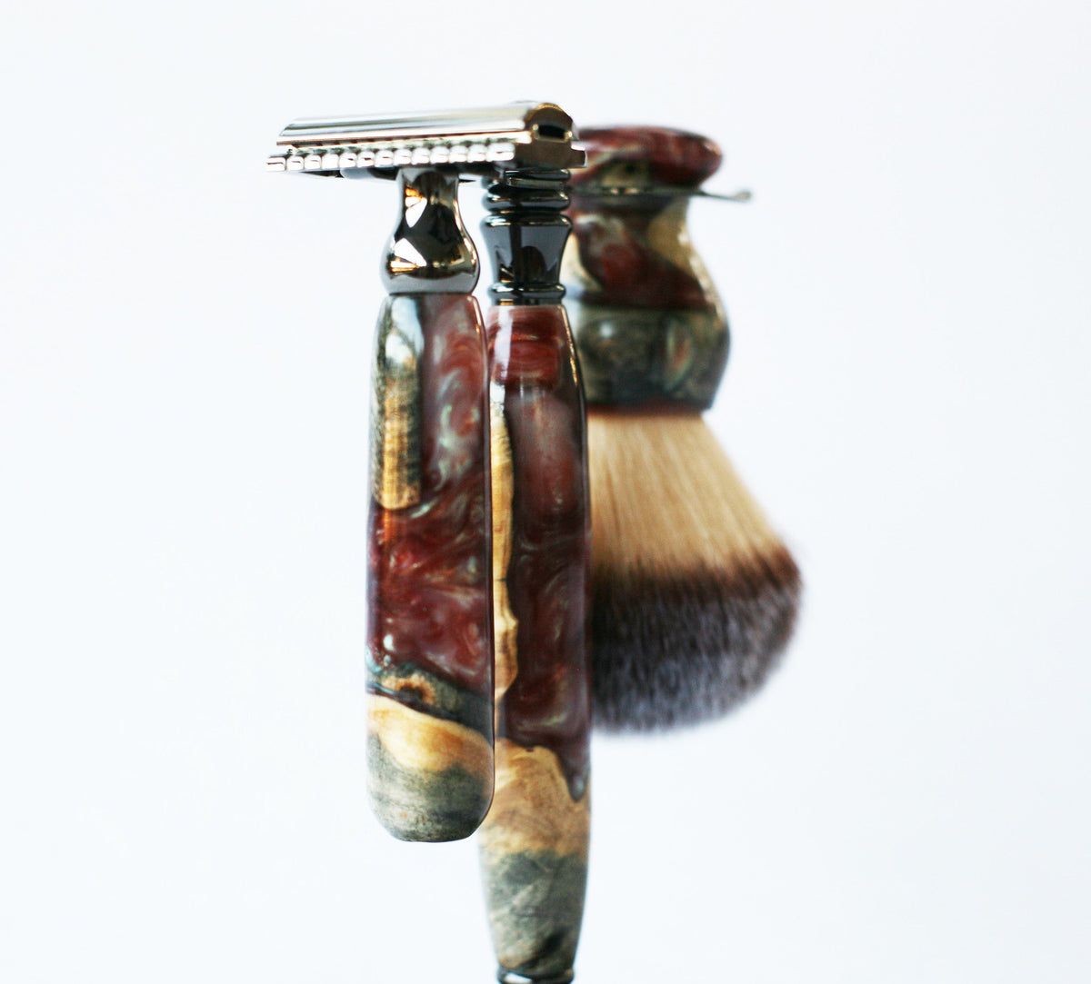 Buckeye Burl Wood Hand Crafted Shave Set with 'Chameleon' Resin safety razor, 26mm lather brush and a matching shave stand. CreationsByWill