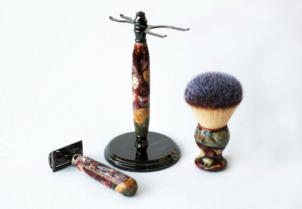 Buckeye Burl Wood Hand Crafted Shave Set with 'Chameleon' Resin safety razor, 26mm lather brush and a matching shave stand. CreationsByWill