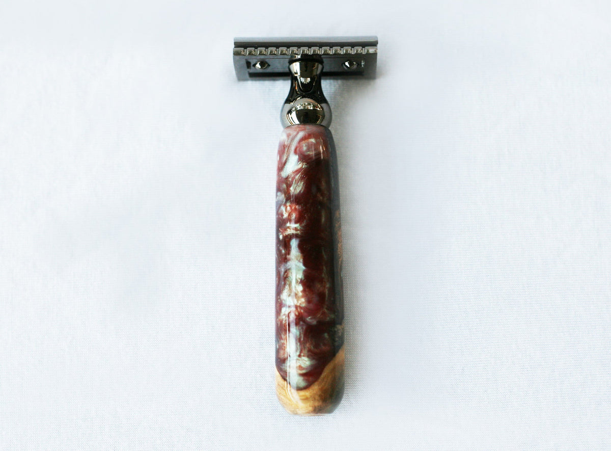 Buckeye Burl Wood Hand Crafted Shave Set with 'Chameleon' Resin safety razor, 26mm lather brush and a matching shave stand. CreationsByWill