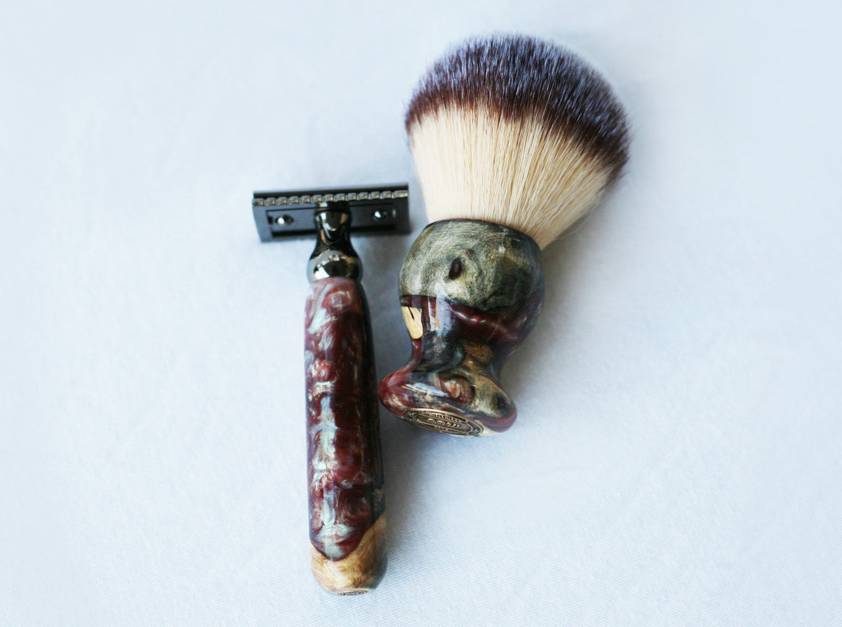 Buckeye Burl Wood Hand Crafted Shave Set with 'Chameleon' Resin safety razor, 26mm lather brush and a matching shave stand. CreationsByWill
