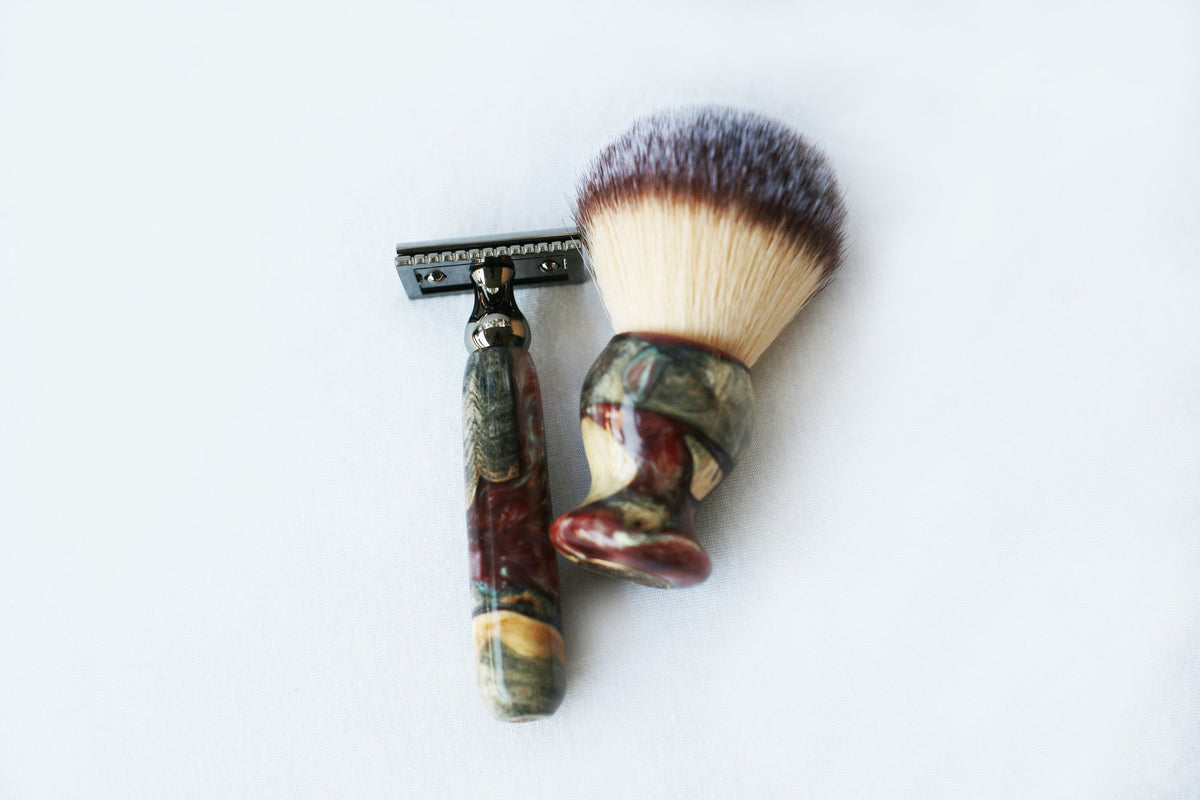 Buckeye Burl Wood Hand Crafted Shave Set with 'Chameleon' Resin safety razor, 26mm lather brush and a matching shave stand. CreationsByWill